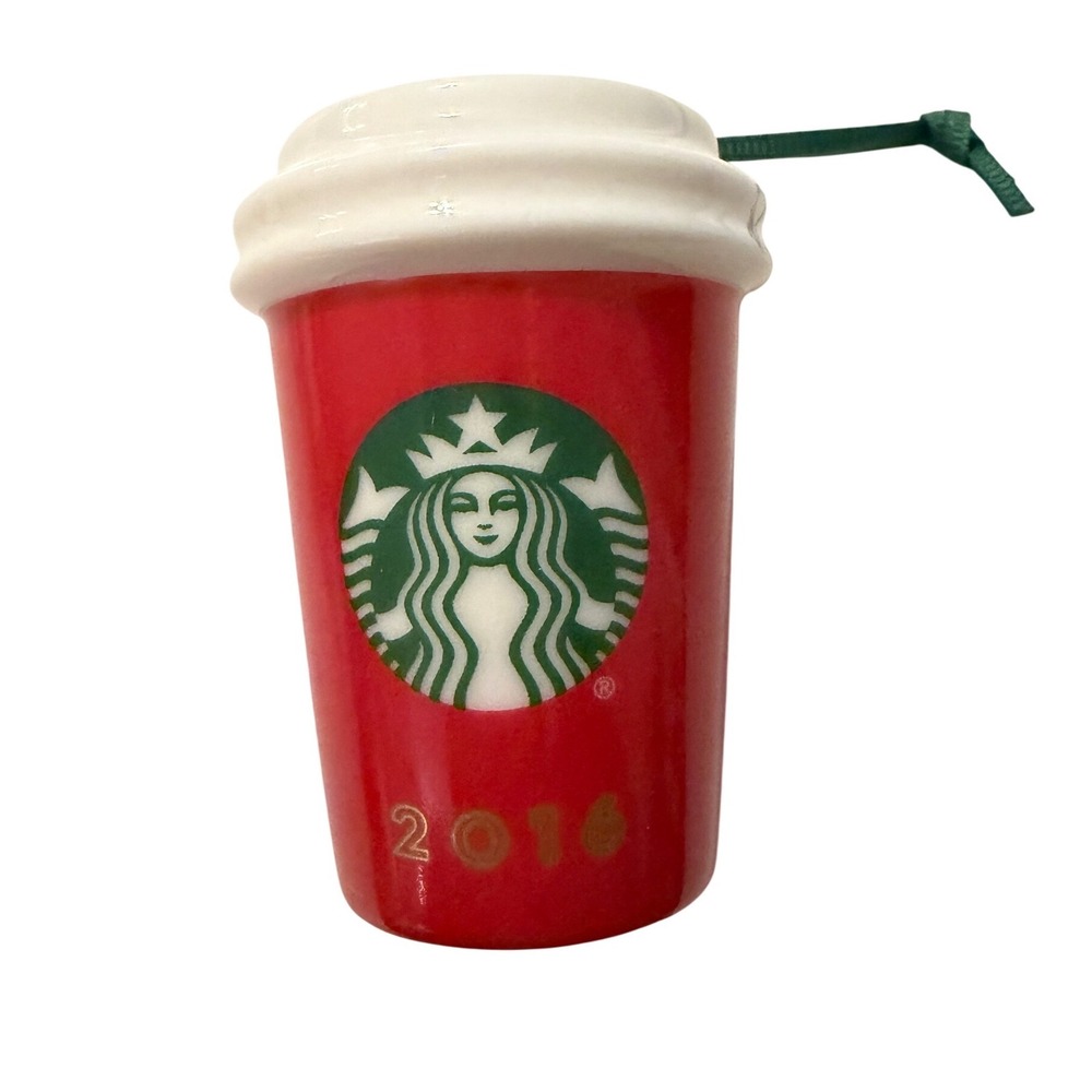 Starbucks 2016 Holiday Red Cup Ceramic Mini Coffee Cup Ornament Christmas 2.25"